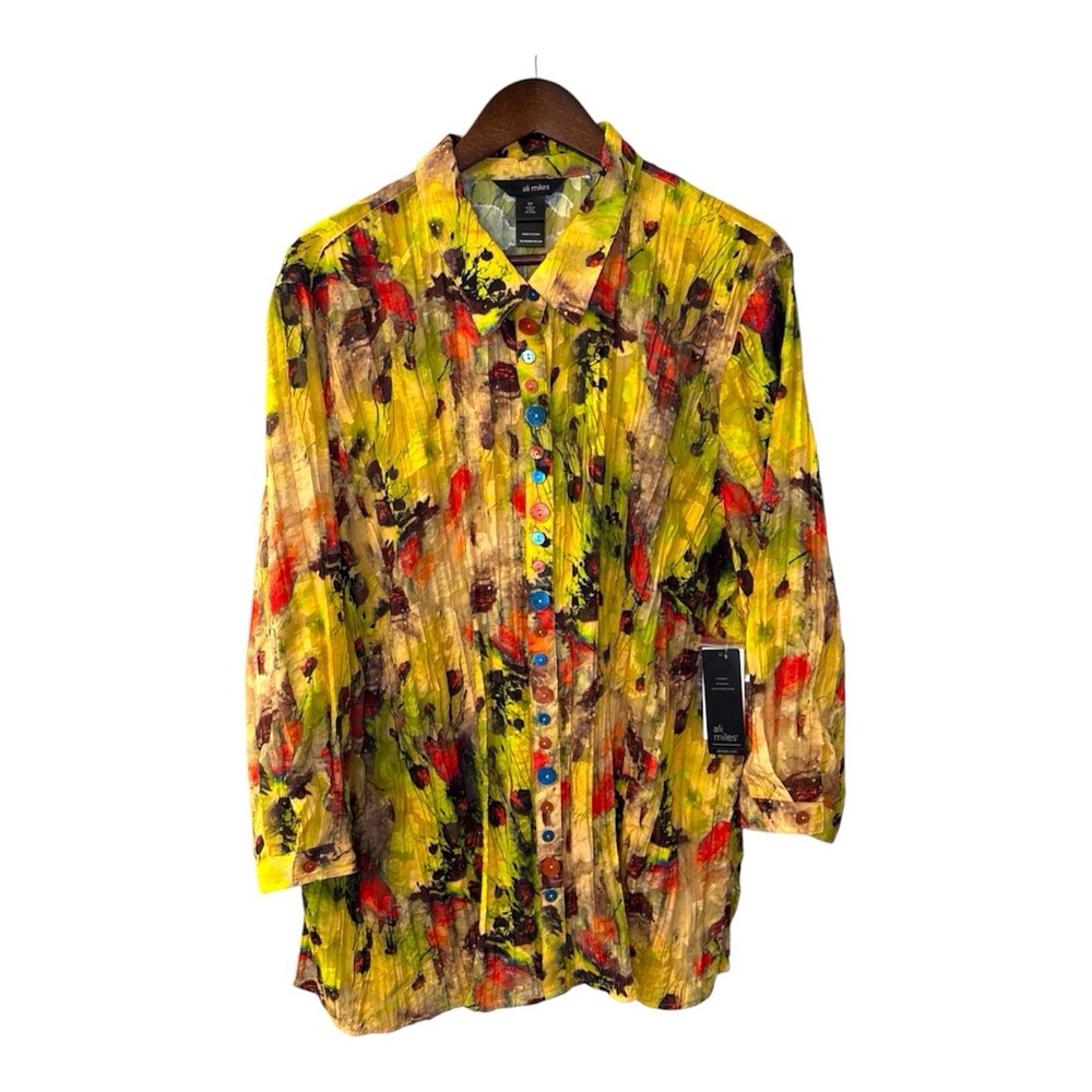 NEW Ali Miles button front blouse women's 2X yellow abstract floral vibrant art